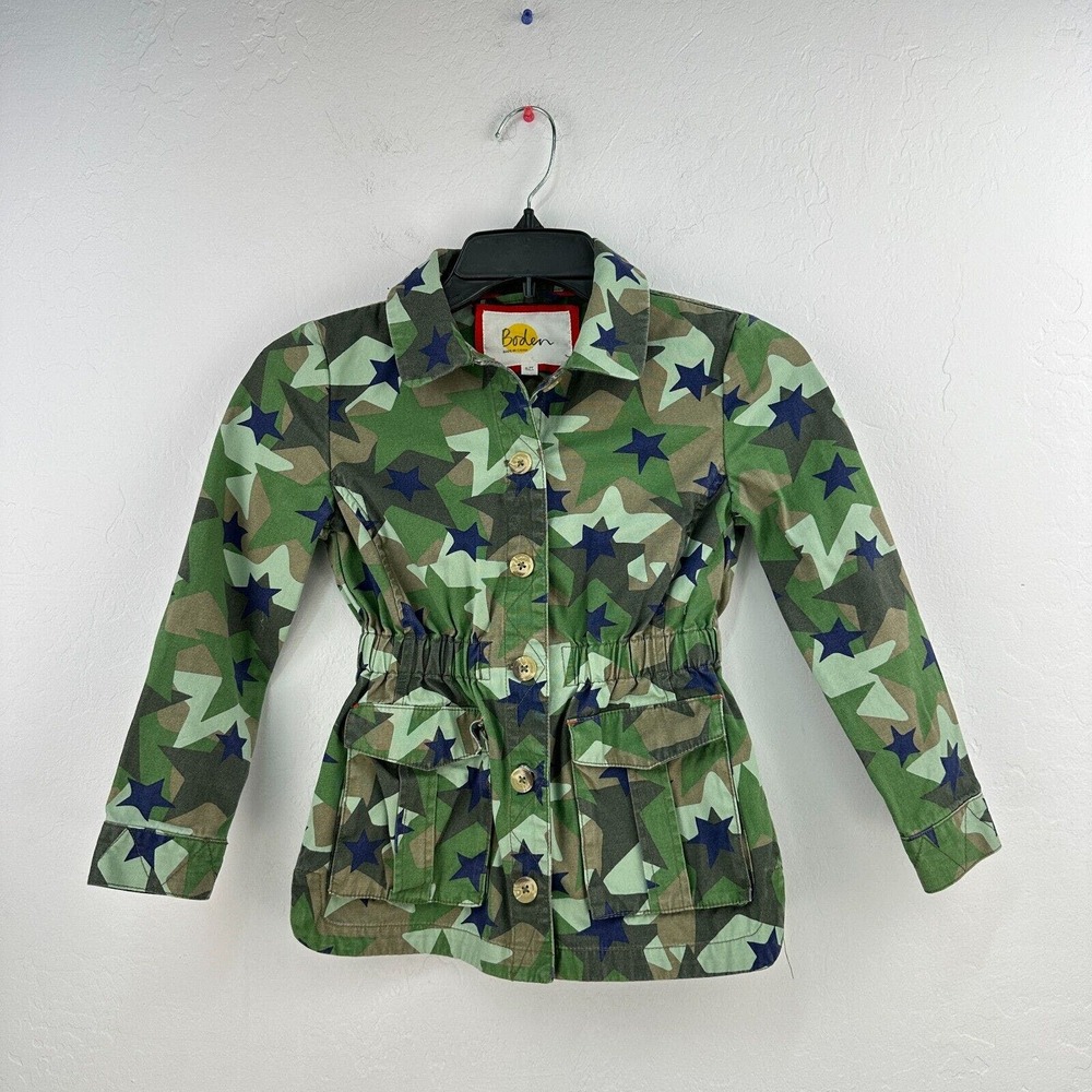 Boden Jacket Kids 6-7Y Green Blue Camo Stars Cotton‎ Army Button Elastic Waist